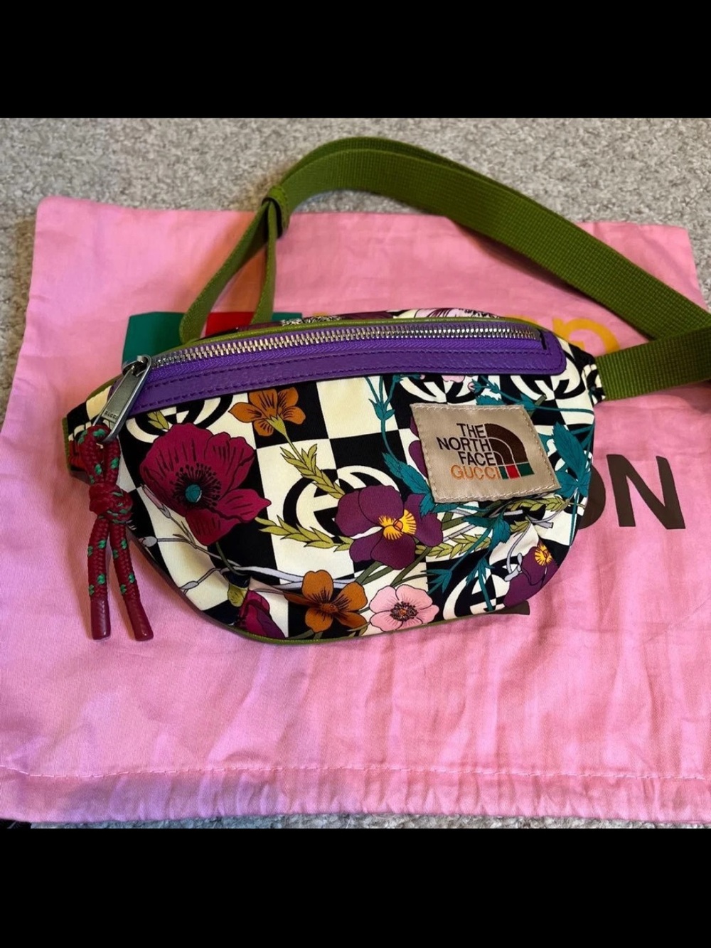 Gucci X North Face Floral Checkered Belt Bag in Black, White, Purple, Green